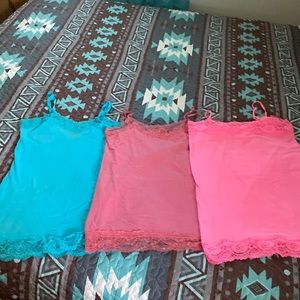 Camisoles-size med-large,Sell as group of 3. Turquoise,mauve,pink.trimmed w/lace